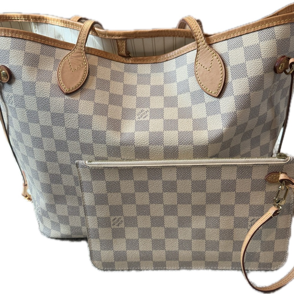 Louis Vuitton Cream Checkered Neverfull Tote with Wristlet